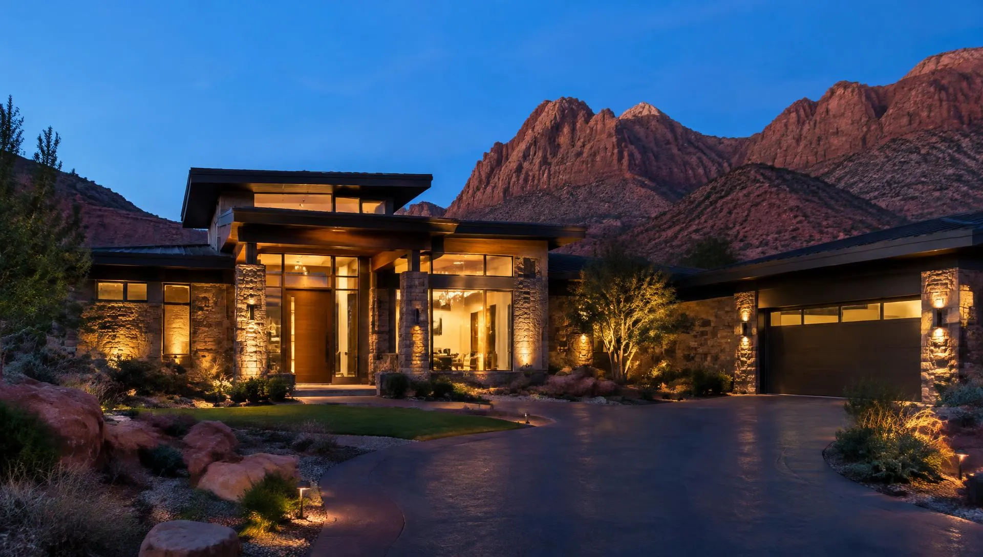 Modern Southern Utah home at dusk with red rock mountains behind