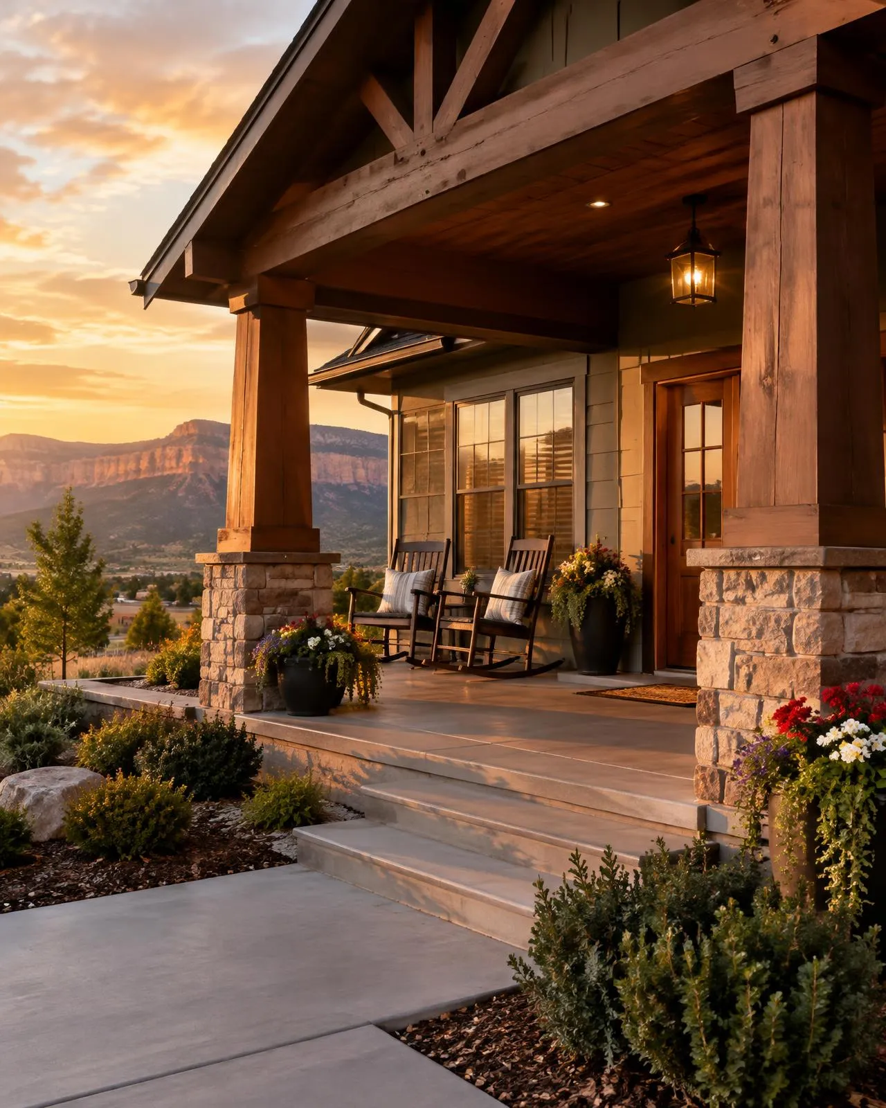 Welcoming front porch of a Cedar City, Utah home at golden hour