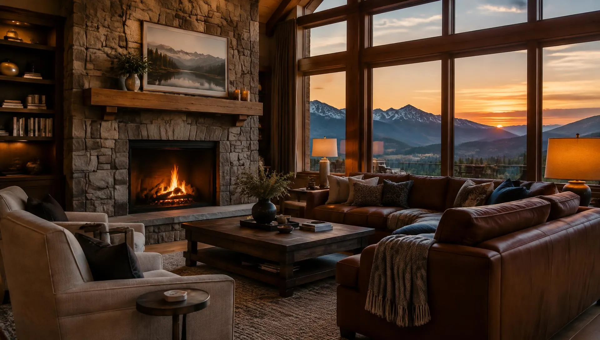 Warm living room with a stone fireplace and Southern Utah mountain view