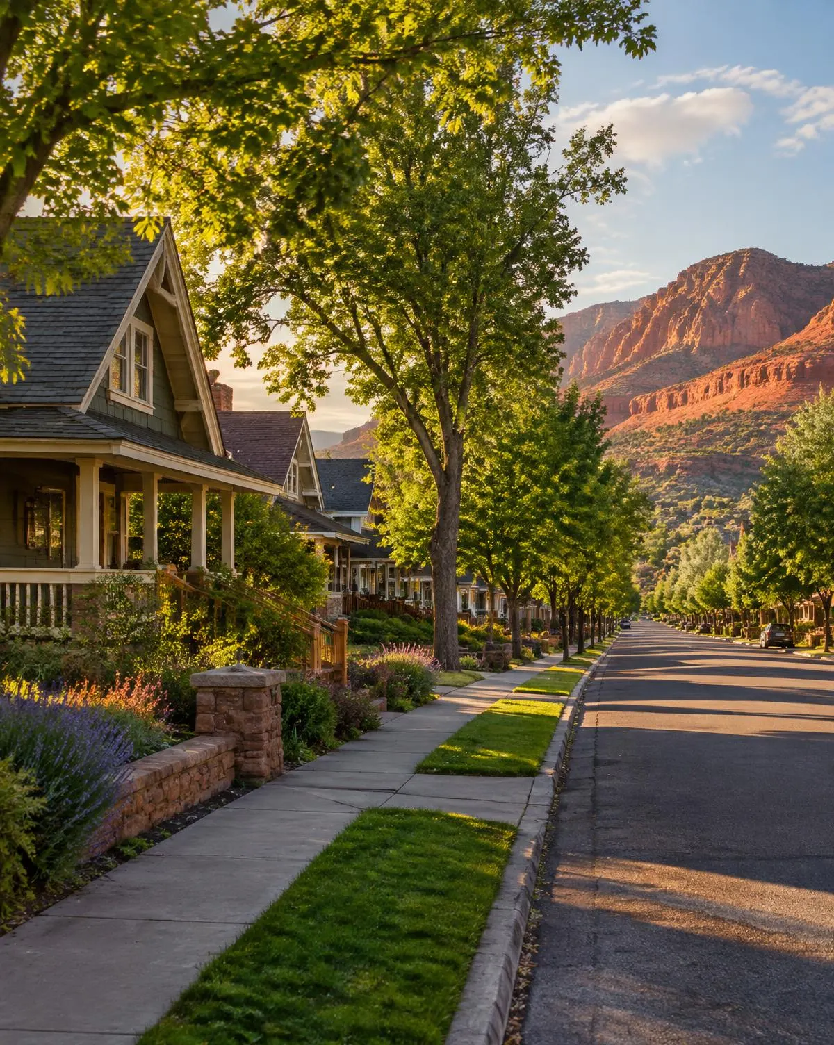 Tree-lined Cedar City, Utah neighborhood street with red hills beyond