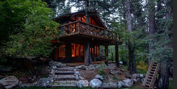 Cozy cabin home at dusk